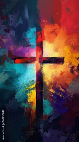 Painting art of an abstract background with cross. Christian illustration.