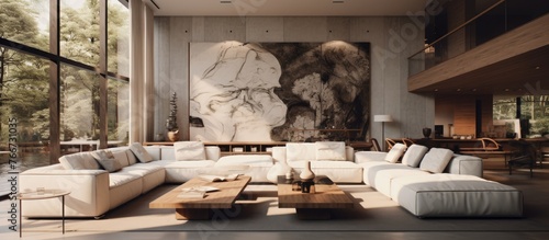 Spacious living area featuring a large painting hanging on the wall above a comfortable couch