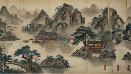 Mountains, river, trees, and small boats depicted in ink wash painting, evoking a classical Chinese landscape.
