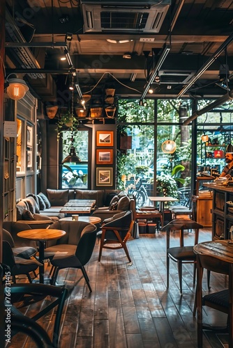 A cozy cafe with warm lighting, comfortable seating, and the aroma of freshly brewed coffee filling the air, Generative AI