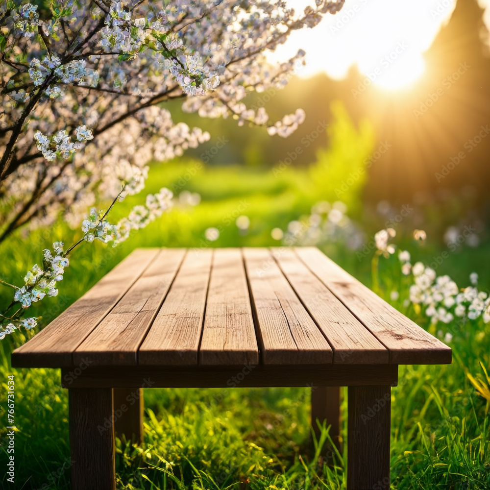 Fototapeta premium Wooden table in front of blooming apple trees in spring garden