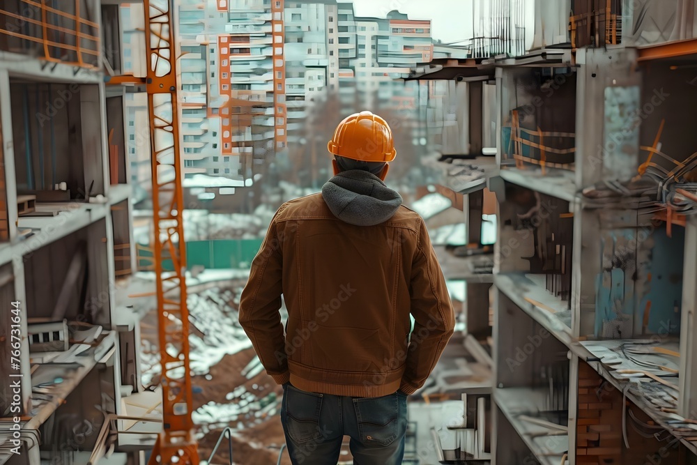 Construction worker in safety helmet inspecting construction site. Concept Construction Safety, Site Inspection, Worker Check, Helmet Protection, Construction Site Construction worker in safety helmet inspecting construction site. Concept Construction Safety, Site Inspection, Worker Check, Helmet Protection, Construction Site