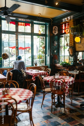 A European-style cafe with bistro tables, checkered tablecloths, and the sound of clinking cutlery and laughter filling the air, Generative AI