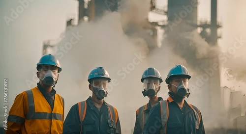 Group of Asian workers in gas masks and safety helmets against an industrial plant in the fog. The concept of industrial impact on worker health and the environment photo