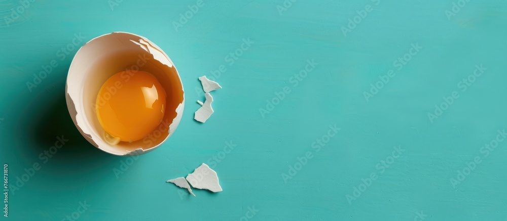 Cracked egg on turquoise background, includes shell, yolk, and white, viewed from the top with space for text.