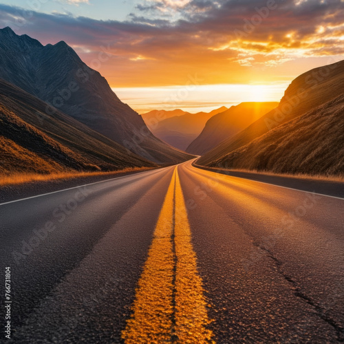 Road in the mountains at sunset. Landscape with asphalt road.