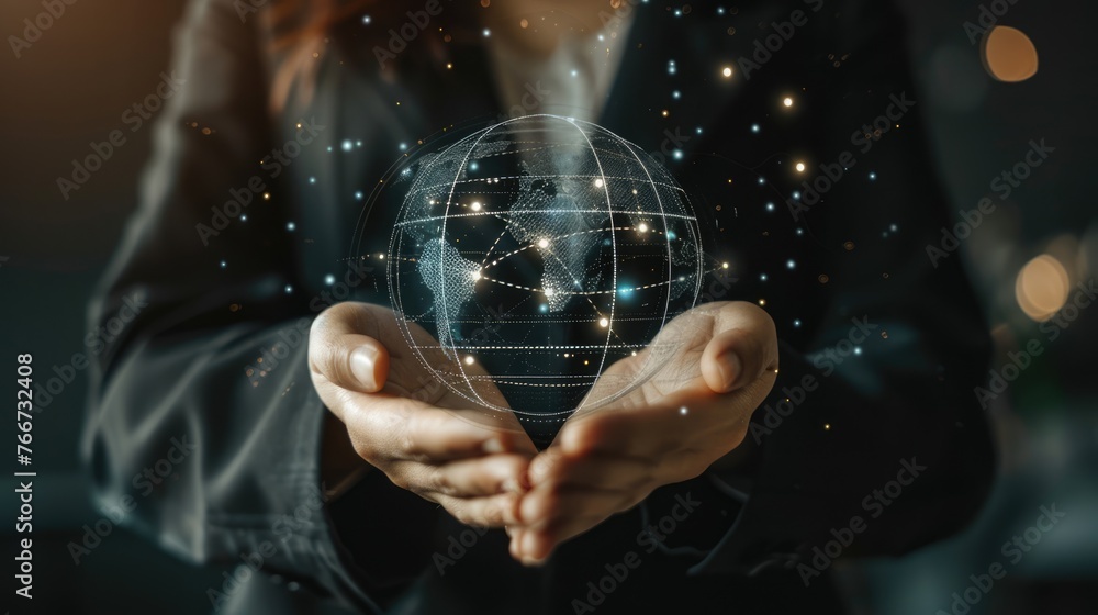 Businesswoman holding global structure networking and data exchanges customer connection. Customer relationship management. Client service, digital marketing and social network. AI Generated Businesswoman holding global structure networking and data exchanges customer connection. Customer relationship management. Client service, digital marketing and social network. AI Generated