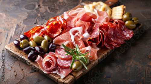 A platter of assorted charerie including prosciutto salami and olives displayed on a rustic wooden serving board. photo