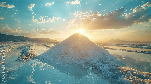 Sea salt farm. Pile of white salt. Raw material of salt industrial. Sodium Chloride mineral. Evaporation and crystallization of sea water. White salt harvesting. Agriculture industry
