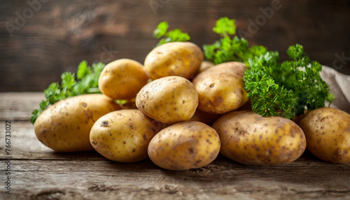 Fresh raw potatoes on weathered table, rustic charm, agricultural essence