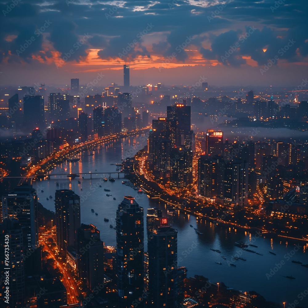 Obraz premium Bustling city skyline at twilight, vibrant nightlife, urban exploration, city break essentials