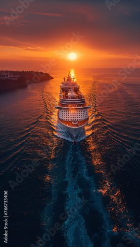 Luxury cruise ship sailing the calm ocean, sunset horizon, vacation elegance