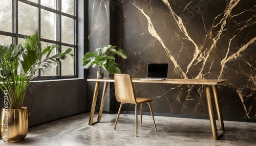 Office desk, dark brown and gold, marble detailed walls, luxury home office