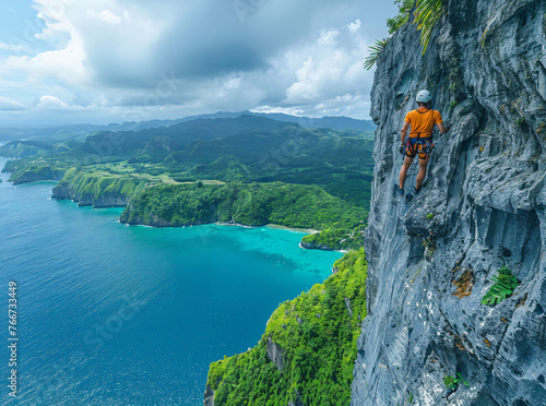 Adventure seekers rappelling a rugged cliff, lush greenery, adrenaline-fueled exploration photo