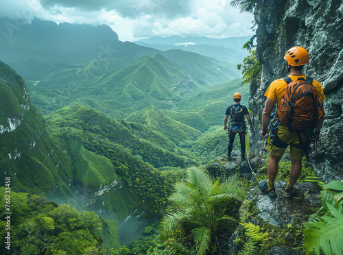 Adventure seekers rappelling a rugged cliff, lush greenery, adrenaline-fueled exploration