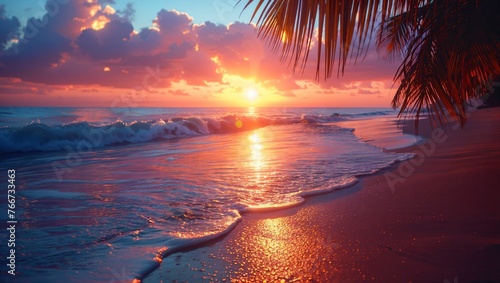 Serene tropical beach sunset, vivid colors, tranquil waves, palm shadows, ultimate relaxation spot