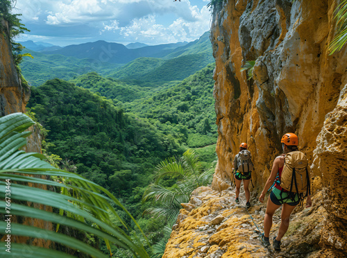 Adventure seekers rappelling a rugged cliff, lush greenery, adrenaline-fueled exploration photo