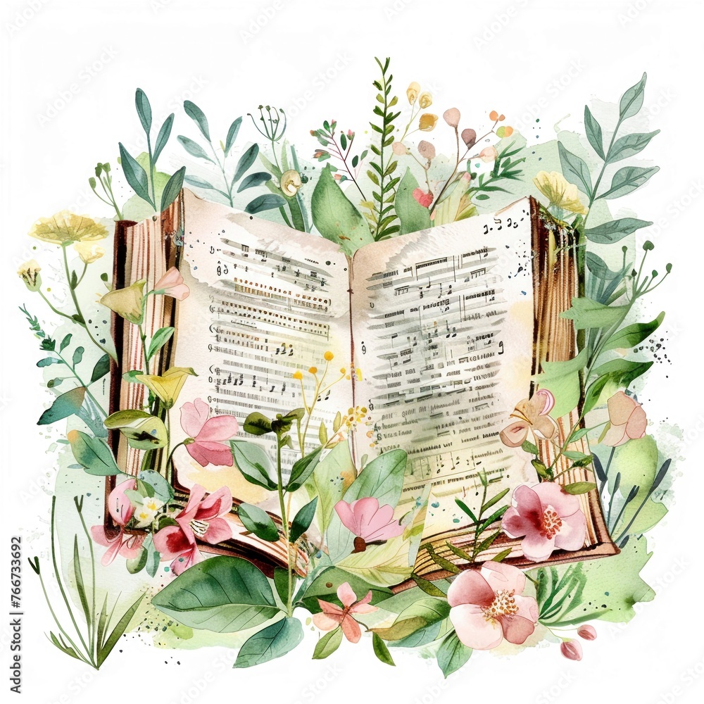 Cute watercolor illustration of a classic Christian hymn book surrounded by spring flowers - obrazy, fototapety, plakaty 