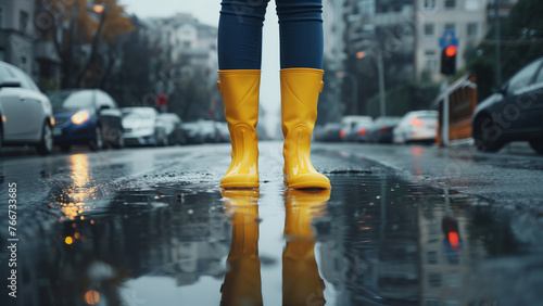 a woman wearing yellow rain boots stands on a wet sidewalk