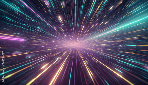 neon hyper flight through hyperspace stars, time warp travel in space. Conceptual illustration of futuristic journey photo