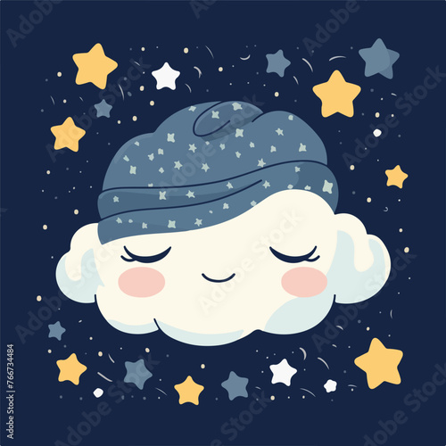 Cute cloud sleep mask on pillow and stars around. B