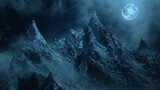 Jagged frozen peaks pierce the dark stormy sky their sharp edges glinting in the pale light of the moon.