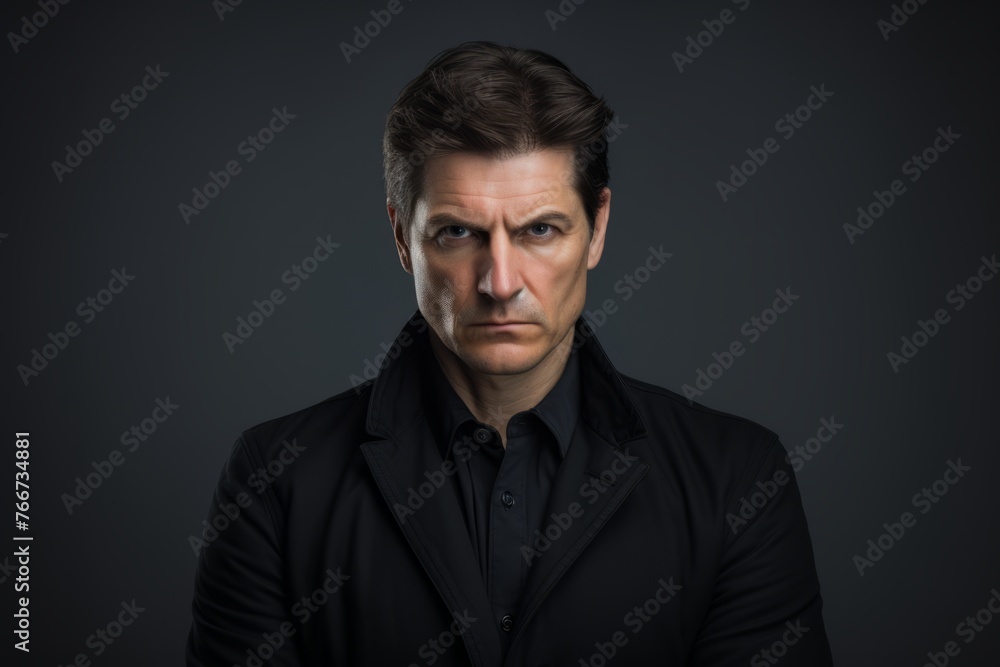 Portrait of a serious man in a black jacket on a dark background