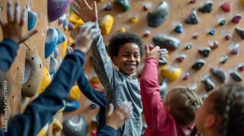 A diverse group of children are highfiving and cheering each other on as they take on different routes on an indoor rock climbing wall. Their determination and teamwork are