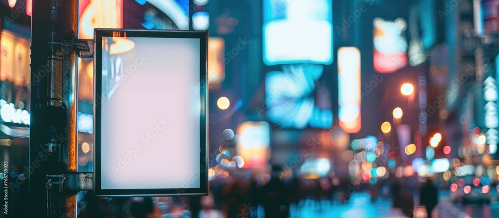 Mockup of a blank city format banner pylon and a billboard in the city center, with a blurred background and focus on the foreground for copy space. - obrazy, fototapety, plakaty 