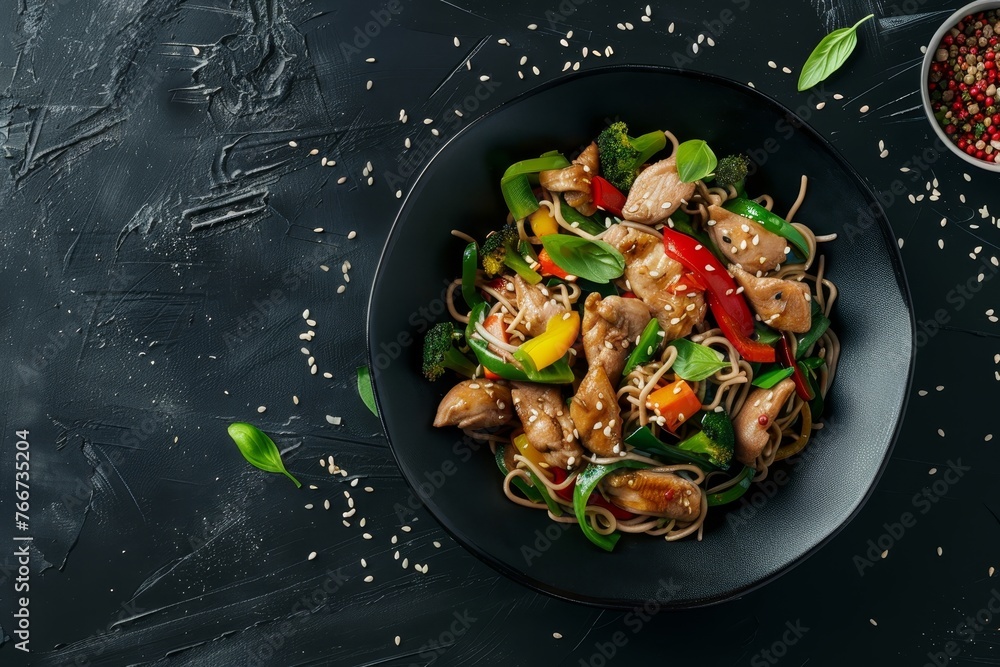 Asian Cuisine stir fry chicken with vegetables and noodles on black background.