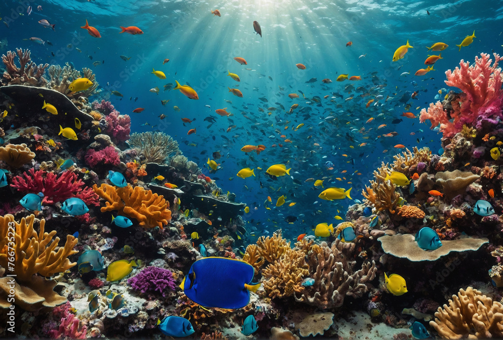 Tropical sea vibrant underwater scene a coral reef with colorful fishes swimming