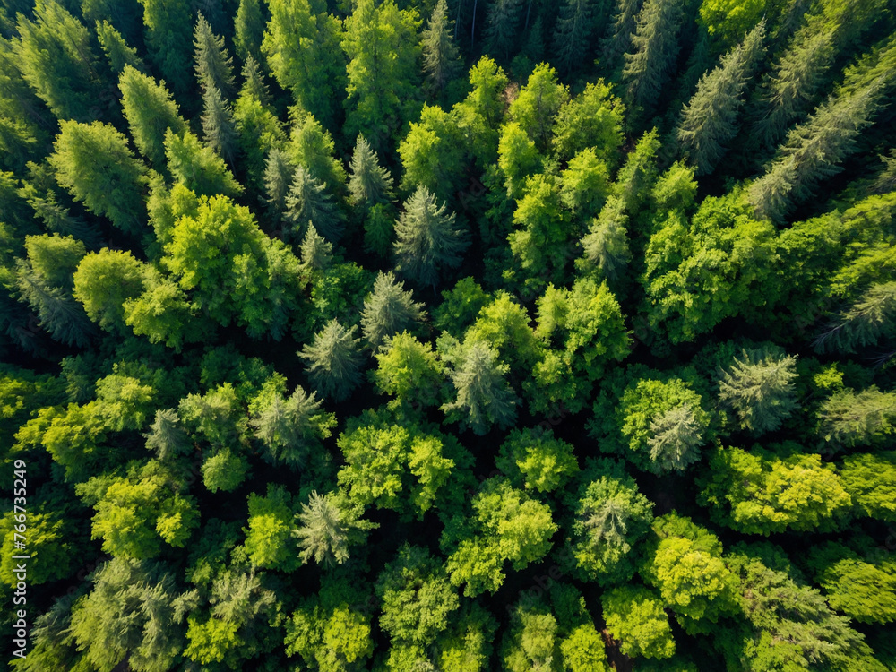 Aerial top view of green trees in forest