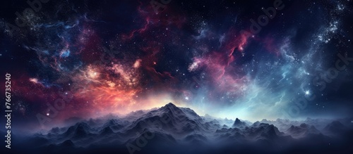 Scenic view of majestic mountain range under a sky filled with twinkling stars and colorful nebula