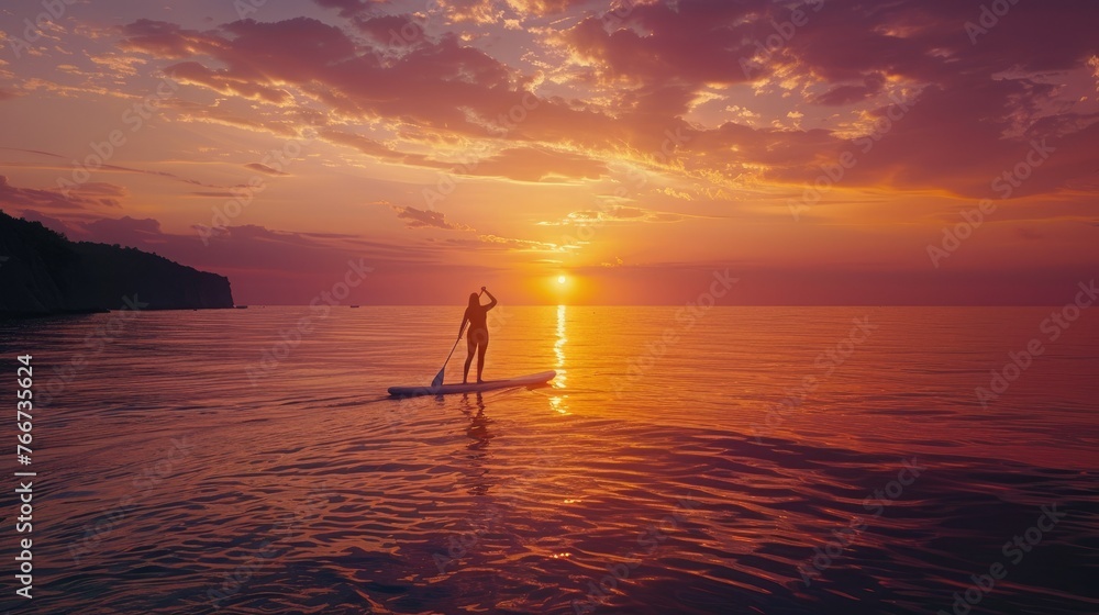 Person stand up paddle boarding dusk quiet sea sunset