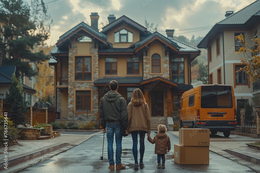 Fototapeta premium Young family mother father and child stands near a new cozy house in the summer holding the keys of apartment moving boxes a truck on the street near the house