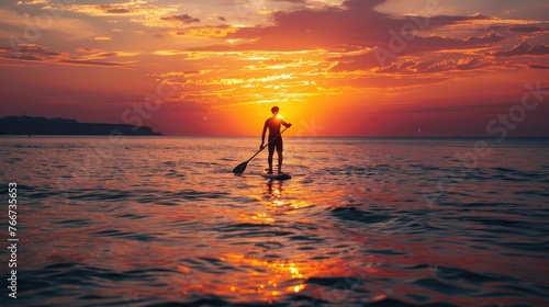 Person stand up paddle boarding dusk quiet sea sunset © ISK PRODUCTION