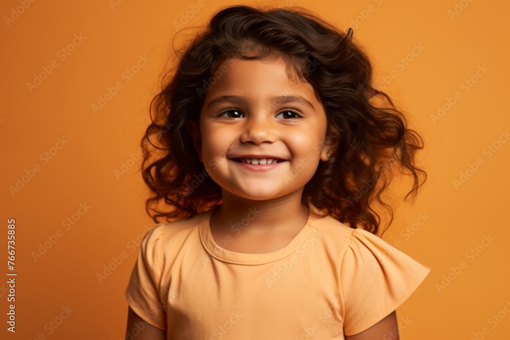 Portrait of a smiling little girl with curly hair on orange background Portrait of a smiling little girl with curly hair on orange background