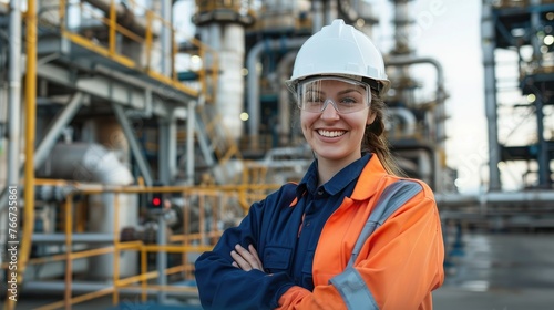 Portrait of happy female engineer at oil refinery,