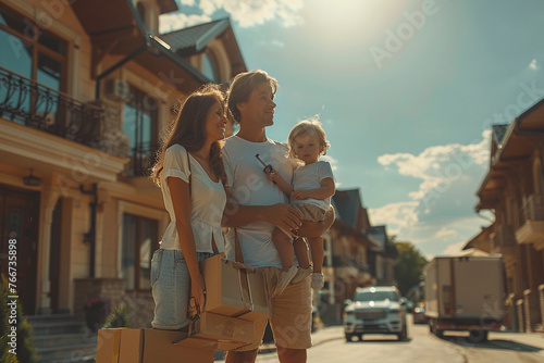Young family mother father and child stands near a new cozy house in the summer holding the keys of apartment moving boxes a truck on the street near the house © Алина Троева
