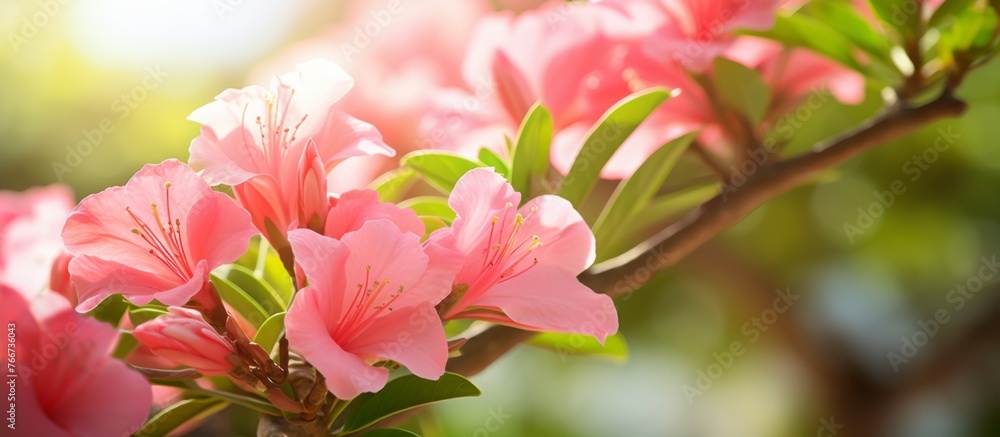 A closeup of pink blossoms and green leaves on a tree branch, showcasing the beauty of flowering plants in the rose family. The natural landscape includes shrubs and annual plants A closeup of pink blossoms and green leaves on a tree branch, showcasing the beauty of flowering plants in the rose family. The natural landscape includes shrubs and annual plants