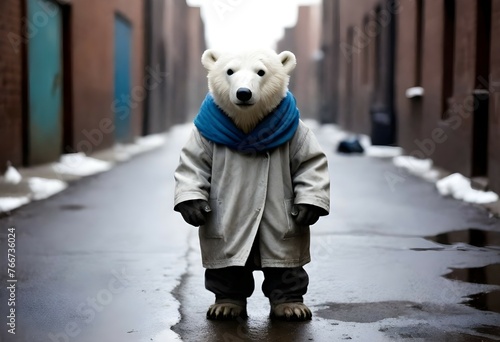 Cute polar bear  dressed as a homeless person  in a dirty alley