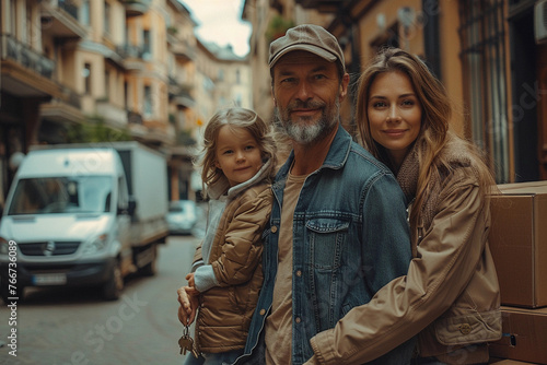 Young family mother father and child stands near a new cozy house in the summer holding the keys of apartment moving boxes a truck on the street near the house