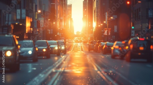 A busy city street with cars and a bright orange sun in the background.