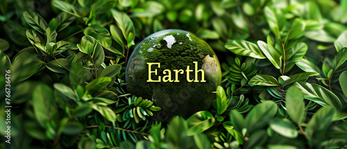A green egg labeled earth sits amidst a lush backdrop of leaves, symbolizing nature and sustainability for Earth Day