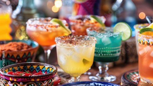 A colorful selection of Cinco de Mayo cocktails adorned with festive decorations, ready to celebrate.