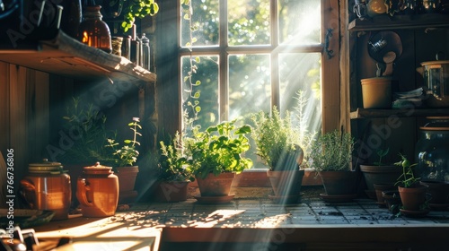 Rustic Home Kitchen with Sunlight Streaming Through Window onto Herbs and Pottery. Cozy Interior Concept photo