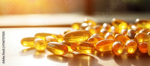 A bunch of ambercolored fish oil capsules are arranged on a glass table. The pills contain dietary supplements made from natural materials