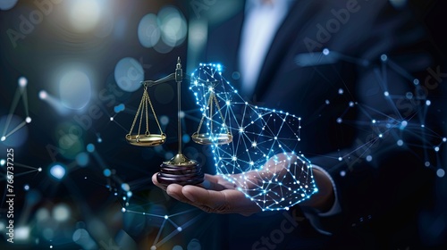 Court of Law and Justice Trial Session Imparcial Honorable Judge Pronouncing Sentence, striking Gavel. Focus on scales of justice ,Mallet, Hammer. Attorney lawyers in the digital consultant. hologram. photo