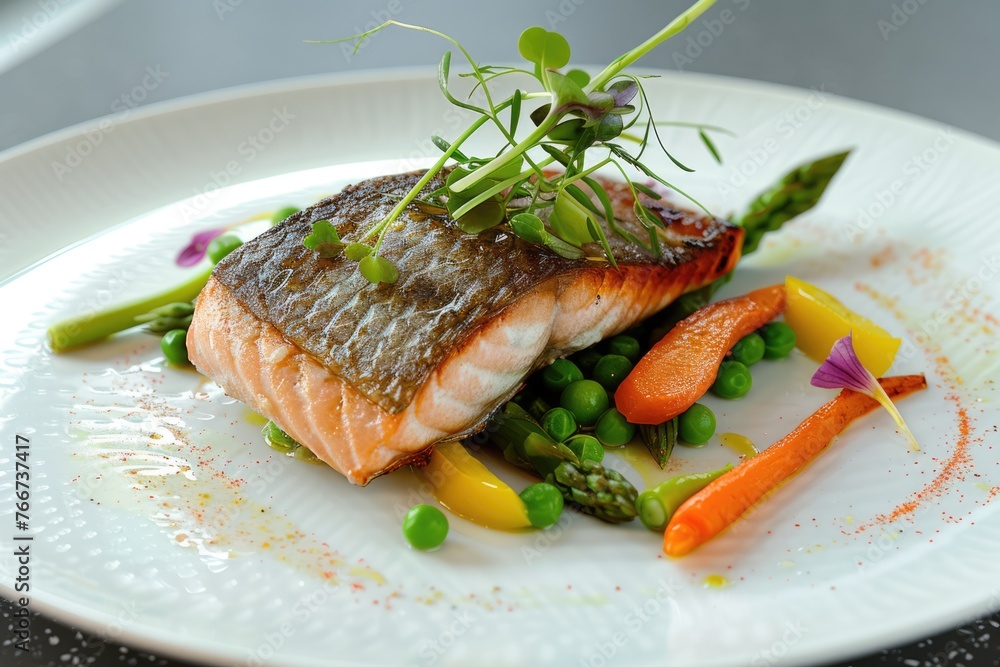 Grilled salmon with asparagus, peas, yellow peppers, carrots and spring onions on white plate. AI Generated Grilled salmon with asparagus, peas, yellow peppers, carrots and spring onions on white plate. AI Generated
