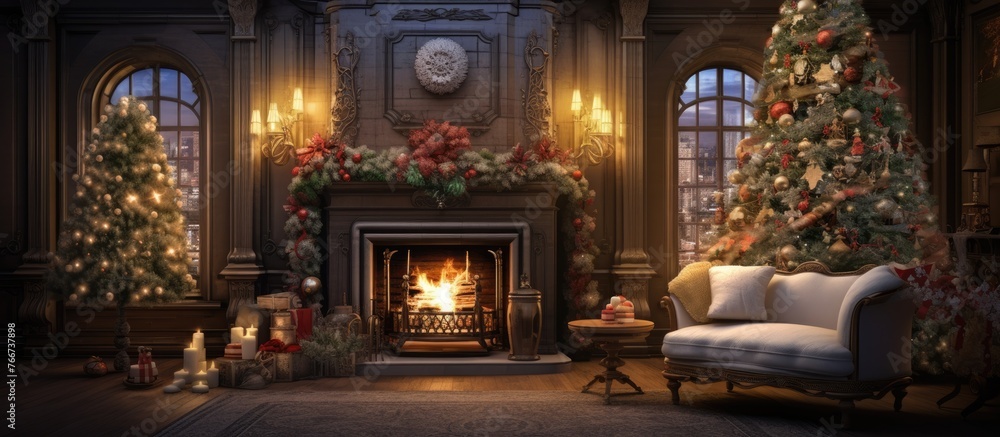 The cozy living space is adorned with a fireplace and two Christmas trees, creating a warm holiday atmosphere